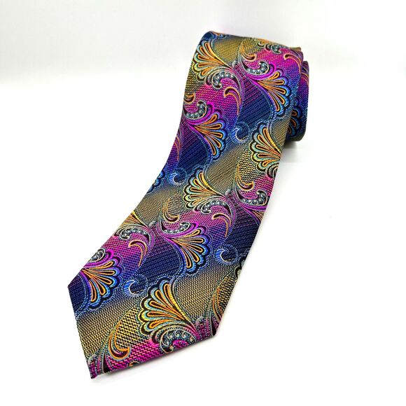 Robert Lewis Vibrant Colorful Jacquard Paisley Print 100% Silk Long Tie - Picture 2 of 10